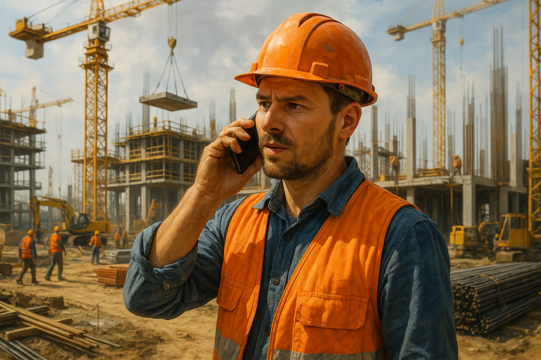 En byggarbetare som står på en constructionsplats med mycket som händer i backgrunden och pratar i telefon